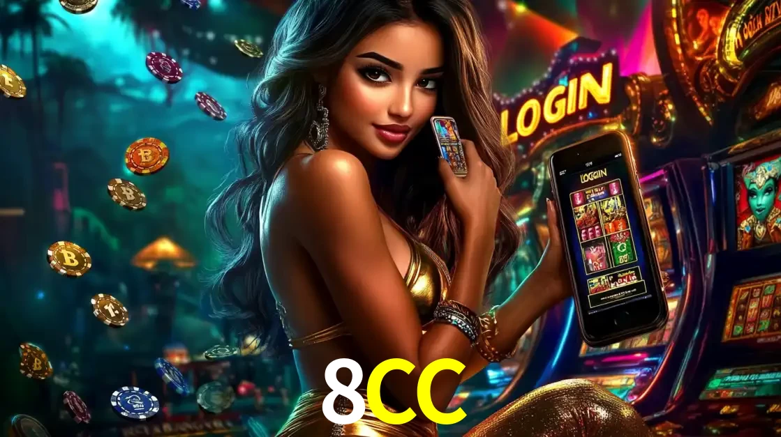 Mulher em um cenário de cassino temático de aventura, mostrando o app de caça-níqueis da 8CC no celular. Fichas de apostas flutuam ao redor.