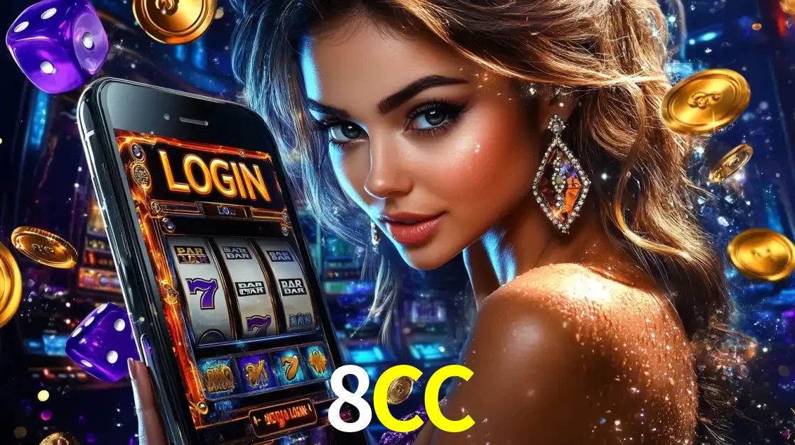 Mulher glamorosa segurando um smartphone com a tela de login para os jogos de caça-níqueis do cassino online 8CC, com moedas de ouro e dados ao redor.