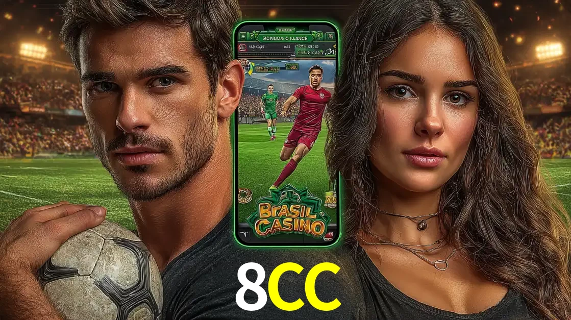 Homem segurando uma bola de futebol e uma mulher ao lado de um smartphone exibindo o jogo de apostas esportivas da 8CC. Faça seu palpite no cassino online.