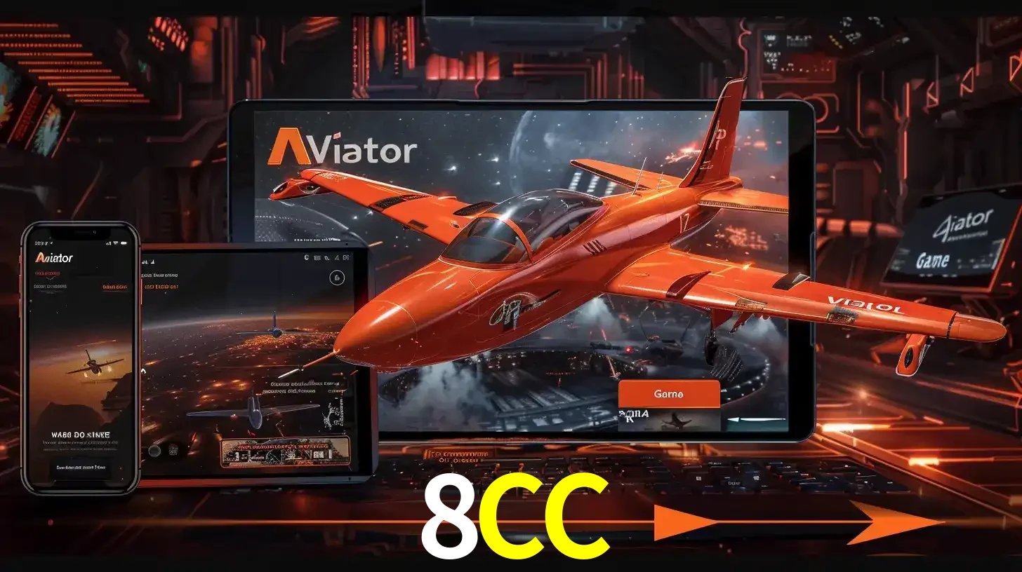 Apresentação tecnológica do jogo Aviator com um avião saindo da tela de um tablet, demonstrando a experiência imersiva em múltiplos dispositivos no 8CC.