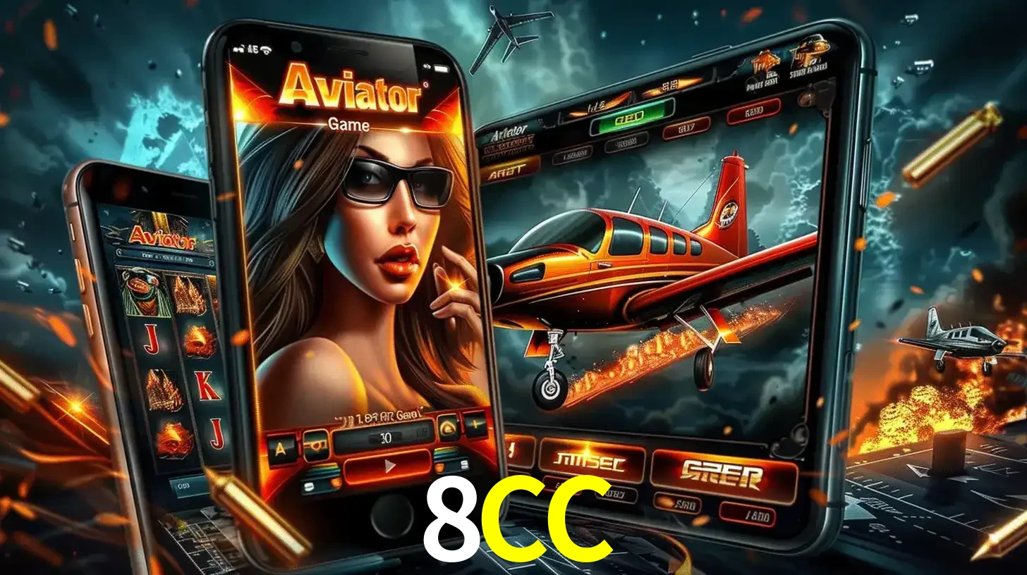 O popular jogo de apostas Aviator exibido em vários celulares e tablets, mostrando a interface emocionante e a ação de voo disponíveis para jogar agora no 8CC.