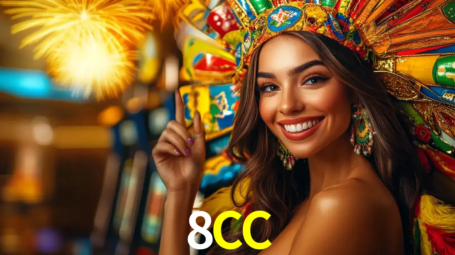 Mulher sorridente com um cocar de carnaval vibrante e colorido, celebrando uma grande vitória nos jogos do cassino 8CC com fogos de artifício ao fundo.