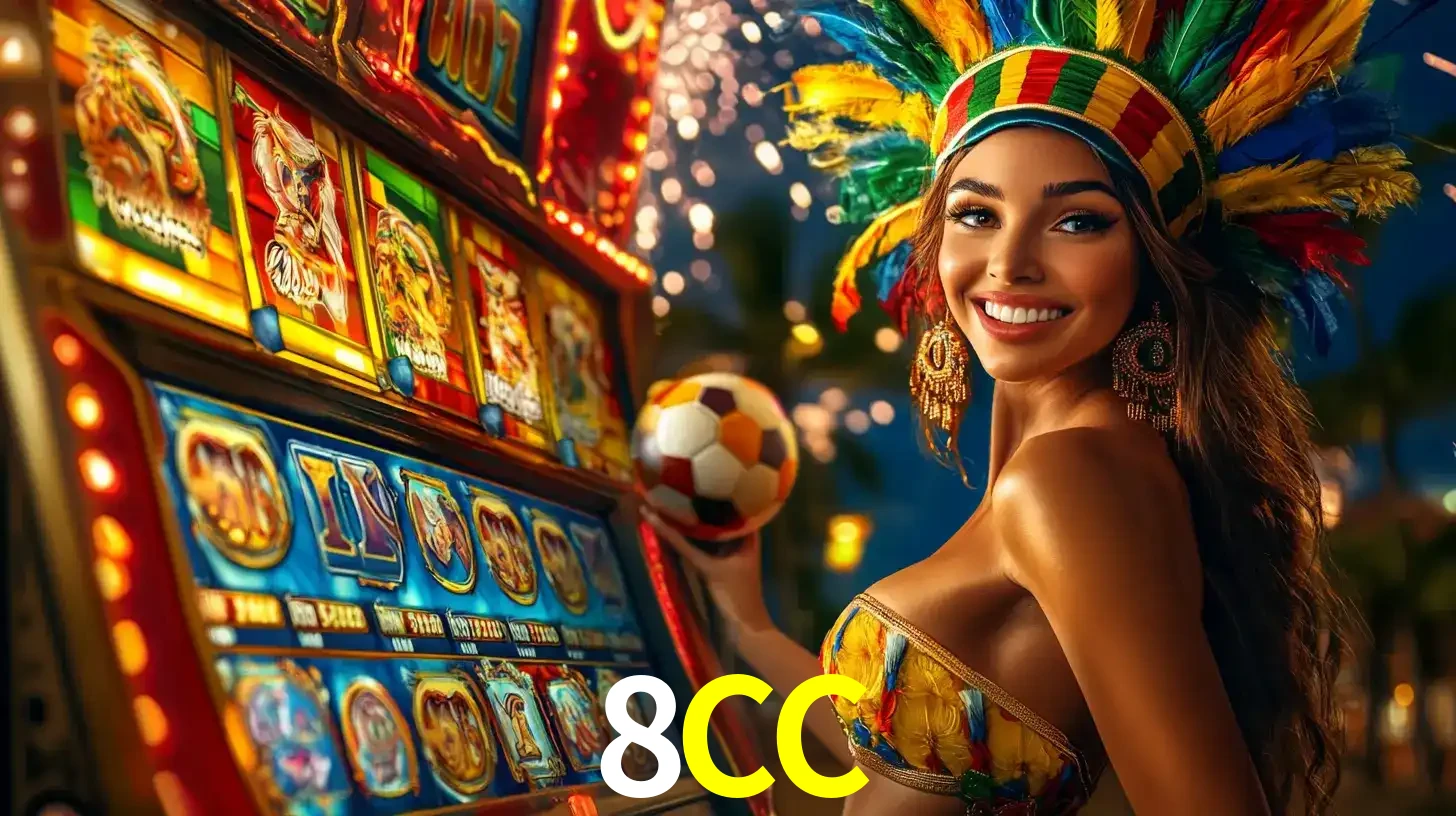 Mulher com um cocar de carnaval ao lado de uma máquina de caça-níqueis enquanto segura uma bola de futebol, mostrando a união da diversão de cassino e esportes no 8CC.