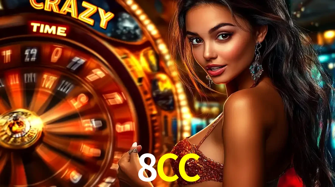 Mulher ao lado da roda de prêmios do jogo de cassino ao vivo Crazy Time, um dos shows de jogos mais emocionantes oferecidos pela plataforma de apostas 8CC.