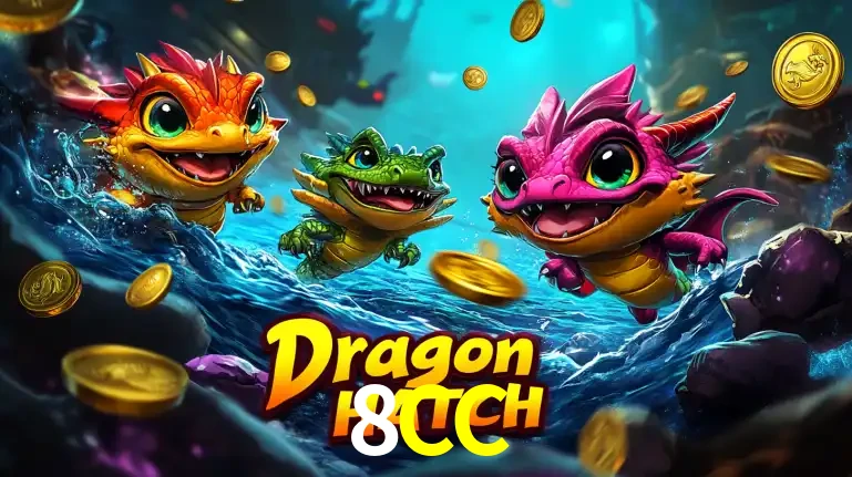 Arte promocional do jogo Dragon Hatch com três adoráveis dragões bebês nadando entre moedas de ouro, um dos slots mais divertidos para jogar no cassino 8CC.