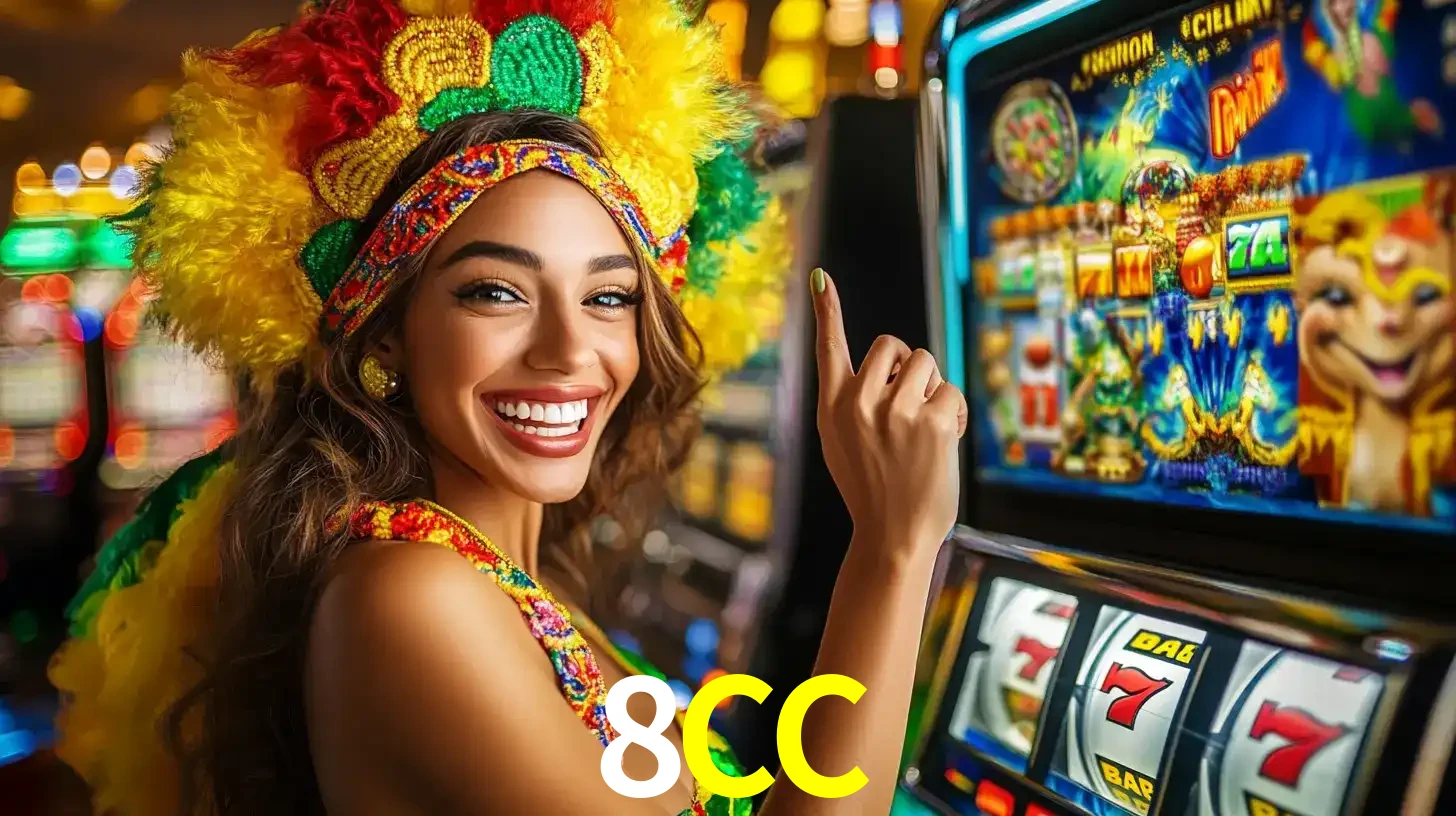 Mulher animada com um cocar de carnaval apontando para uma máquina de caça-níqueis, mostrando a emoção de ganhar um grande prêmio nos jogos do 8CC.