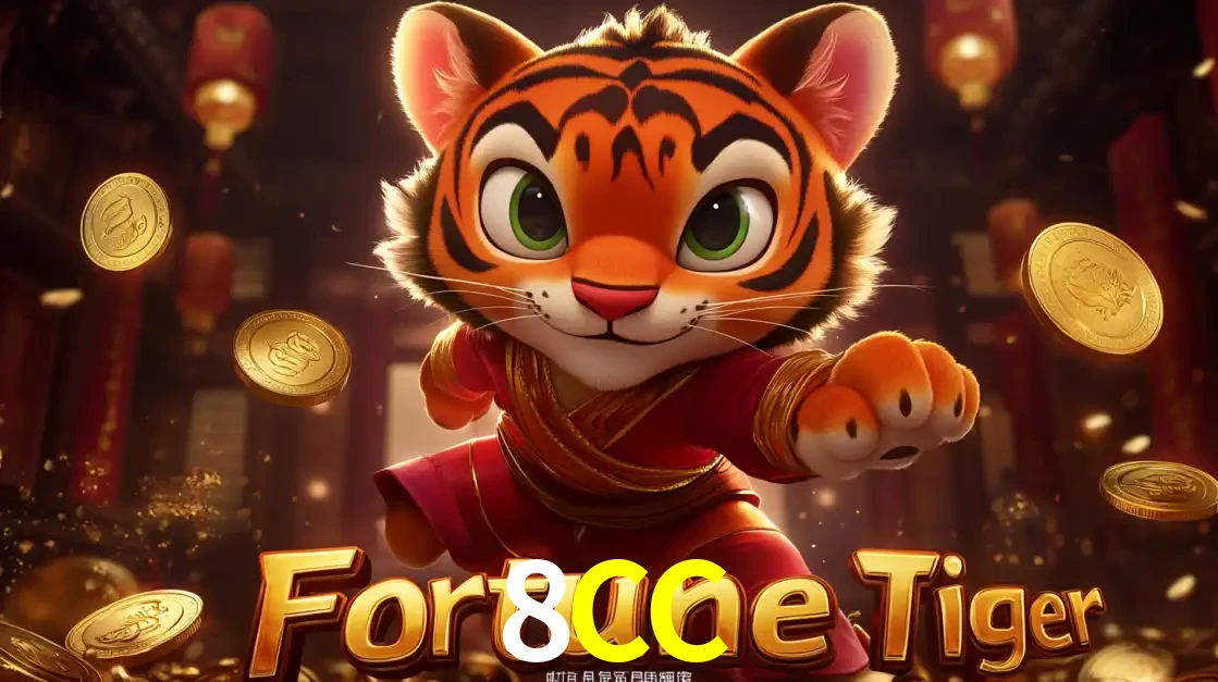 O carismático mascote do jogo de slot Fortune Tiger, um tigre fofo em pose de artes marciais, pronto para trazer sorte e multiplicadores de ganhos no cassino online 8CC.
