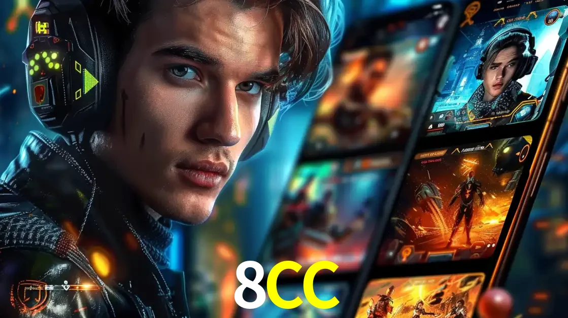 Jovem jogador com fones de ouvido olhando para a câmera, com um aplicativo de jogos e e-sports para celular ao fundo, pronto para a competição e apostas no 8CC.