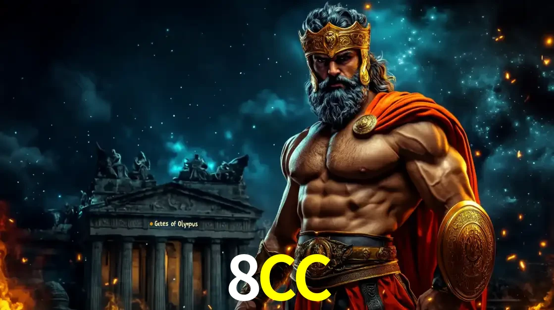O poderoso Zeus do jogo de slot Gates of Olympus em frente ao seu templo, pronto para lançar multiplicadores divinos e prêmios épicos no cassino online 8CC.