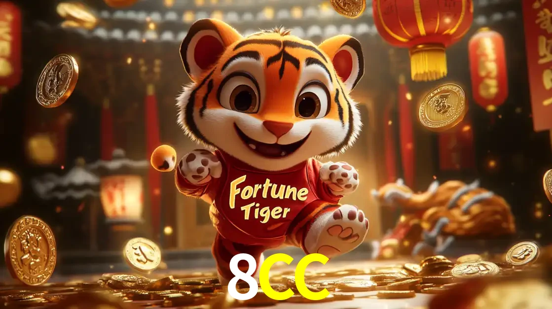 O alegre personagem do Fortune Tiger correndo sobre um caminho de moedas de ouro, simbolizando os grandes prêmios e a diversão do popular jogo de slot do 8CC.