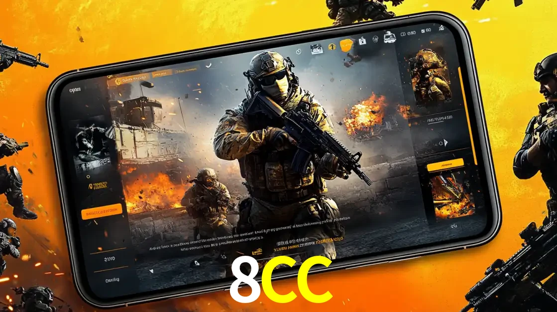 Um smartphone exibindo a interface de um jogo de tiro em primeira pessoa, com um soldado em um cenário de batalha, representando a ação dos e-sports para apostar no 8CC.