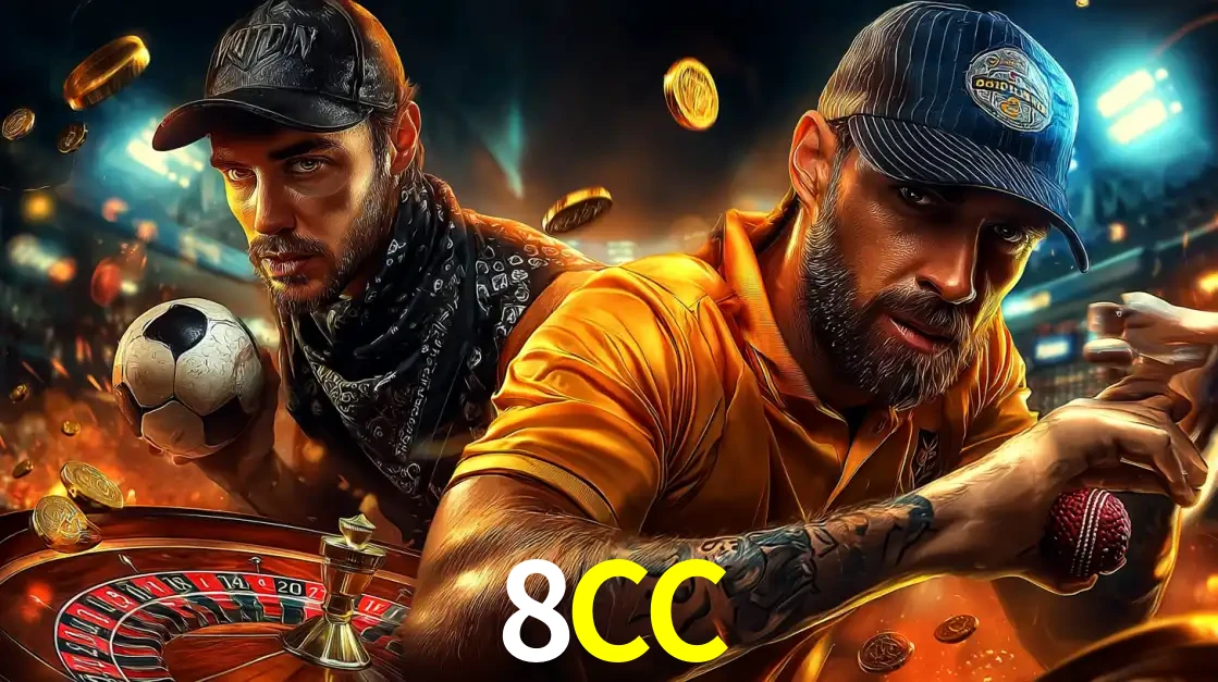 Montagem de apostas esportivas e cassino no 8CC, com um homem segurando uma bola de futebol e outro uma de beisebol sobre uma roleta e moedas voadoras.