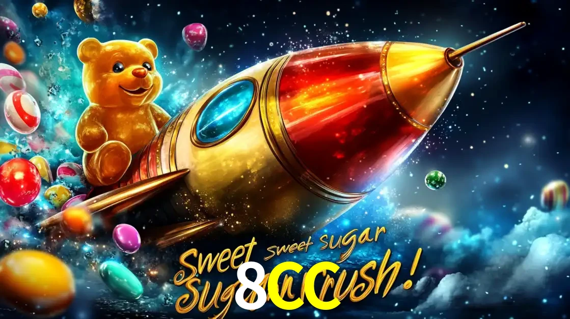 Arte promocional do jogo de slot Sugar Rush, com um urso de pelúcia em um foguete viajando pelo espaço de doces, um dos jogos divertidos disponíveis no cassino 8CC.