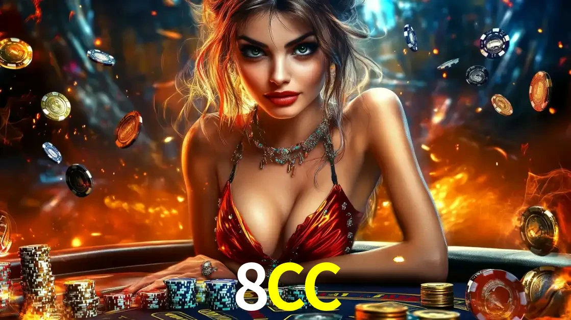 Mulher em uma mesa de cassino com pilhas de fichas e um fundo de fogo, pronta para uma rodada de altas apostas nos jogos de mesa emocionantes do cassino 8CC.