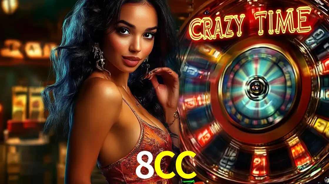 Mulher elegante ao lado da vibrante roda da fortuna do jogo de cassino ao vivo Crazy Time, um dos game shows mais populares e cheios de prêmios do 8CC.