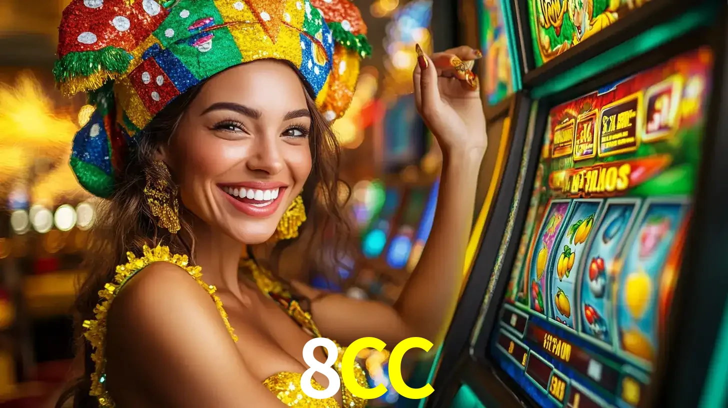Mulher feliz com traje de carnaval amarelo e colorido ao lado de uma máquina de caça-níqueis, aproveitando a diversão e os jogos temáticos do cassino 8CC.