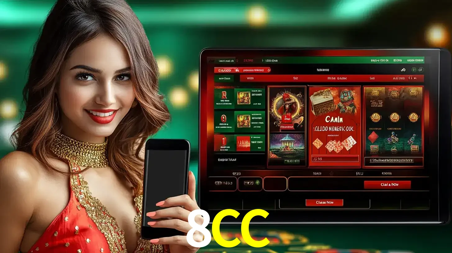Mulher sorridente segurando um smartphone, ao lado de uma tela exibindo o lobby de jogos do cassino online 8CC, com várias opções de jogos de cartas e slots.